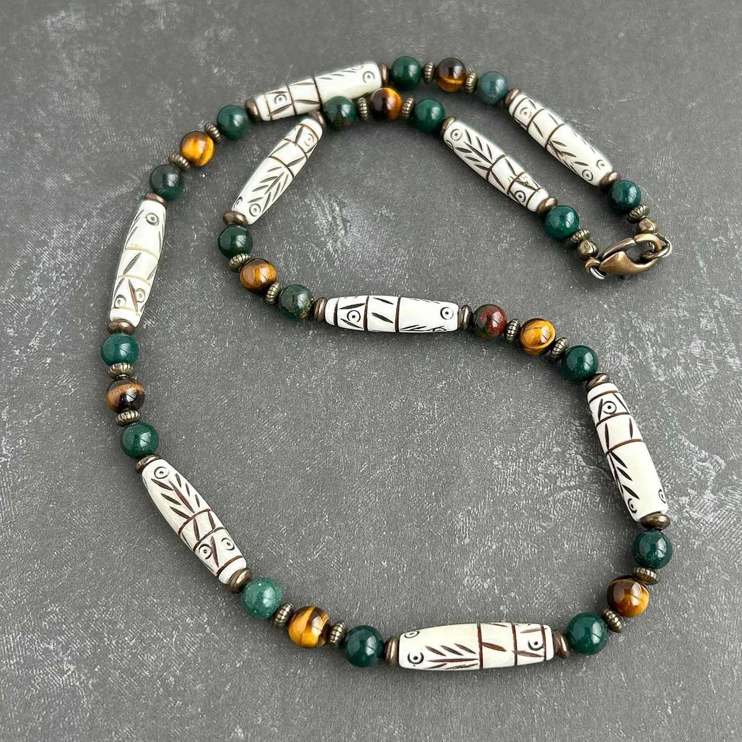 Carved Bone, Bloodstone, Tiger Eye Gemstone - Mens Tribal Style Necklace - Handcrafted in USA (19 inches)