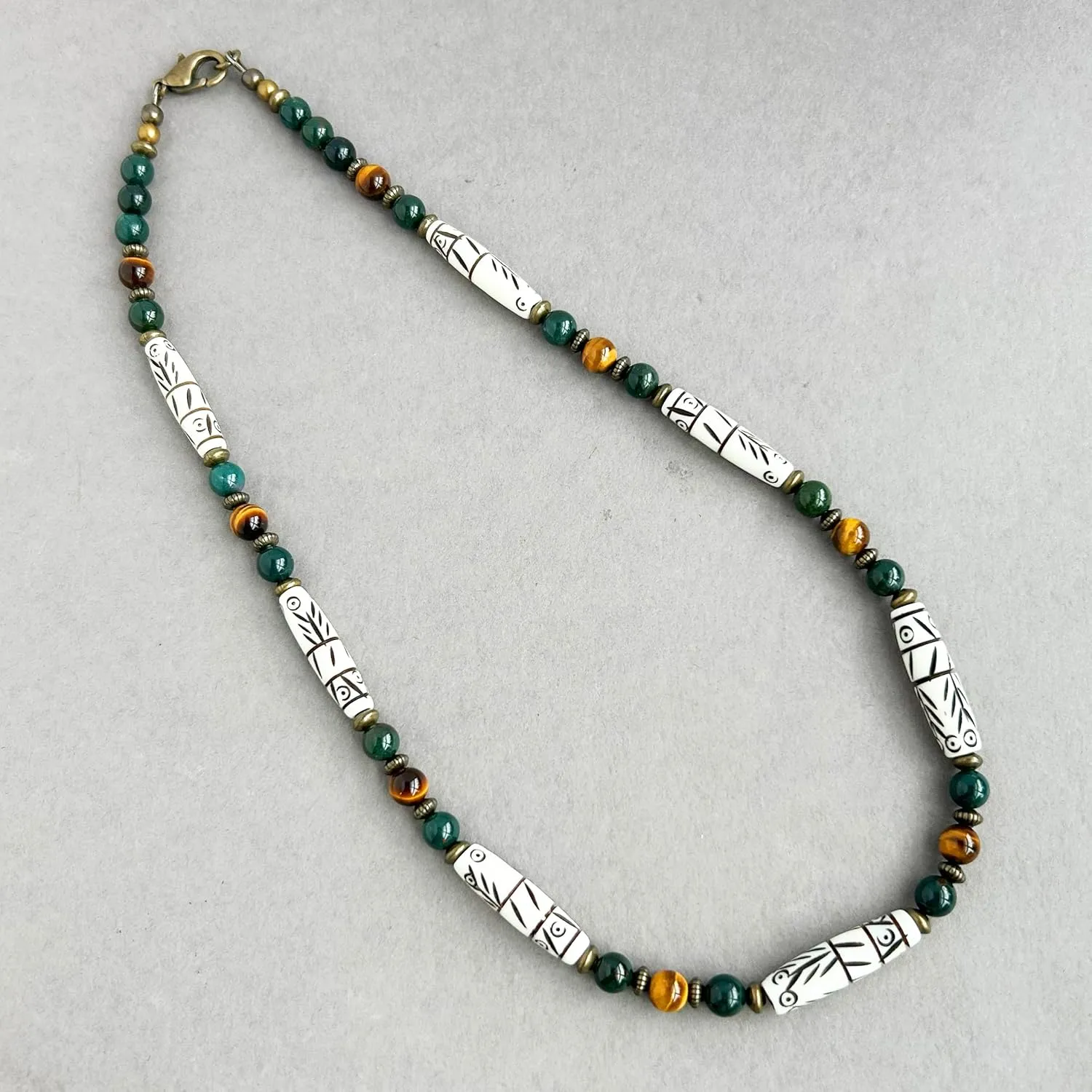Carved Bone, Bloodstone, Tiger Eye Gemstone - Mens Tribal Style Necklace - Handcrafted in USA (19 inches)