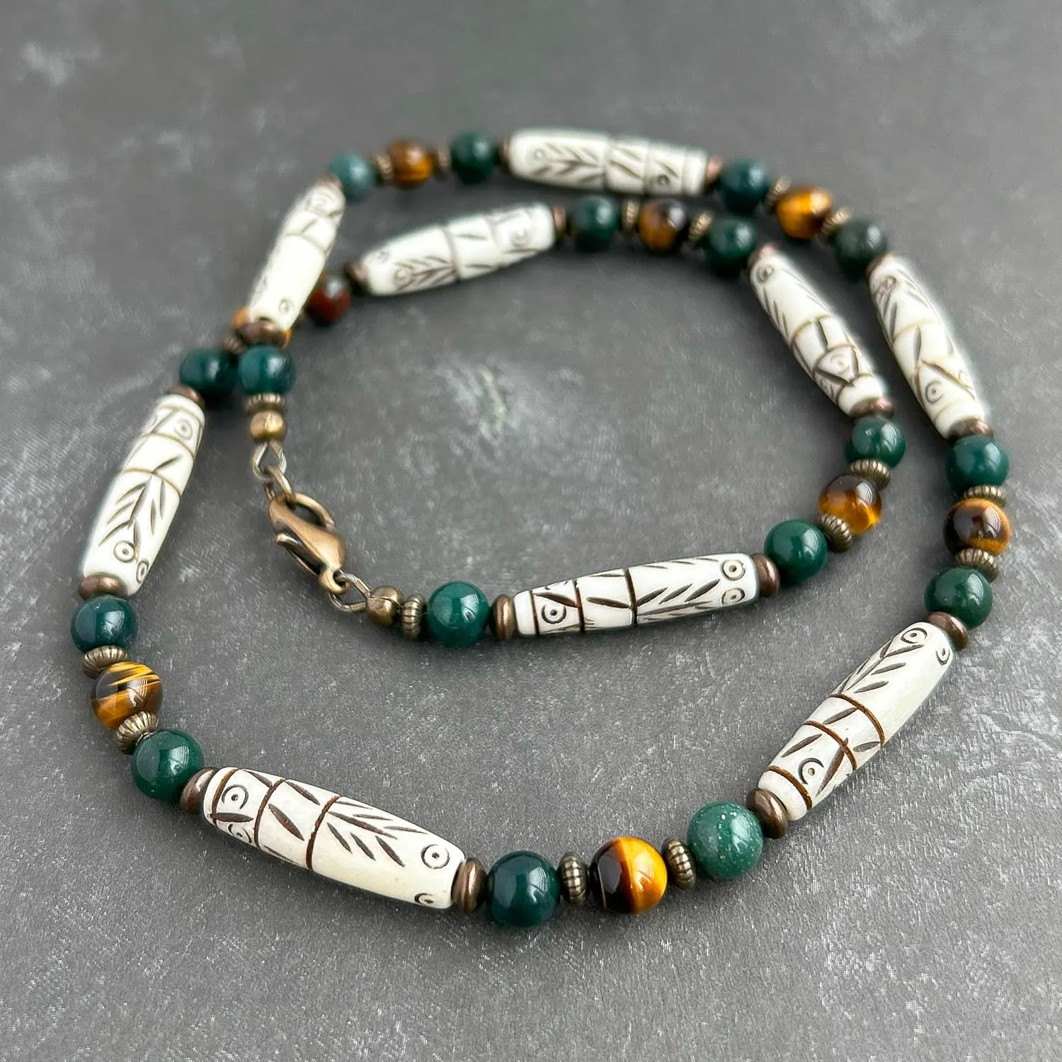 Carved Bone, Bloodstone, Tiger Eye Gemstone - Mens Tribal Style Necklace - Handcrafted in USA (19 inches)