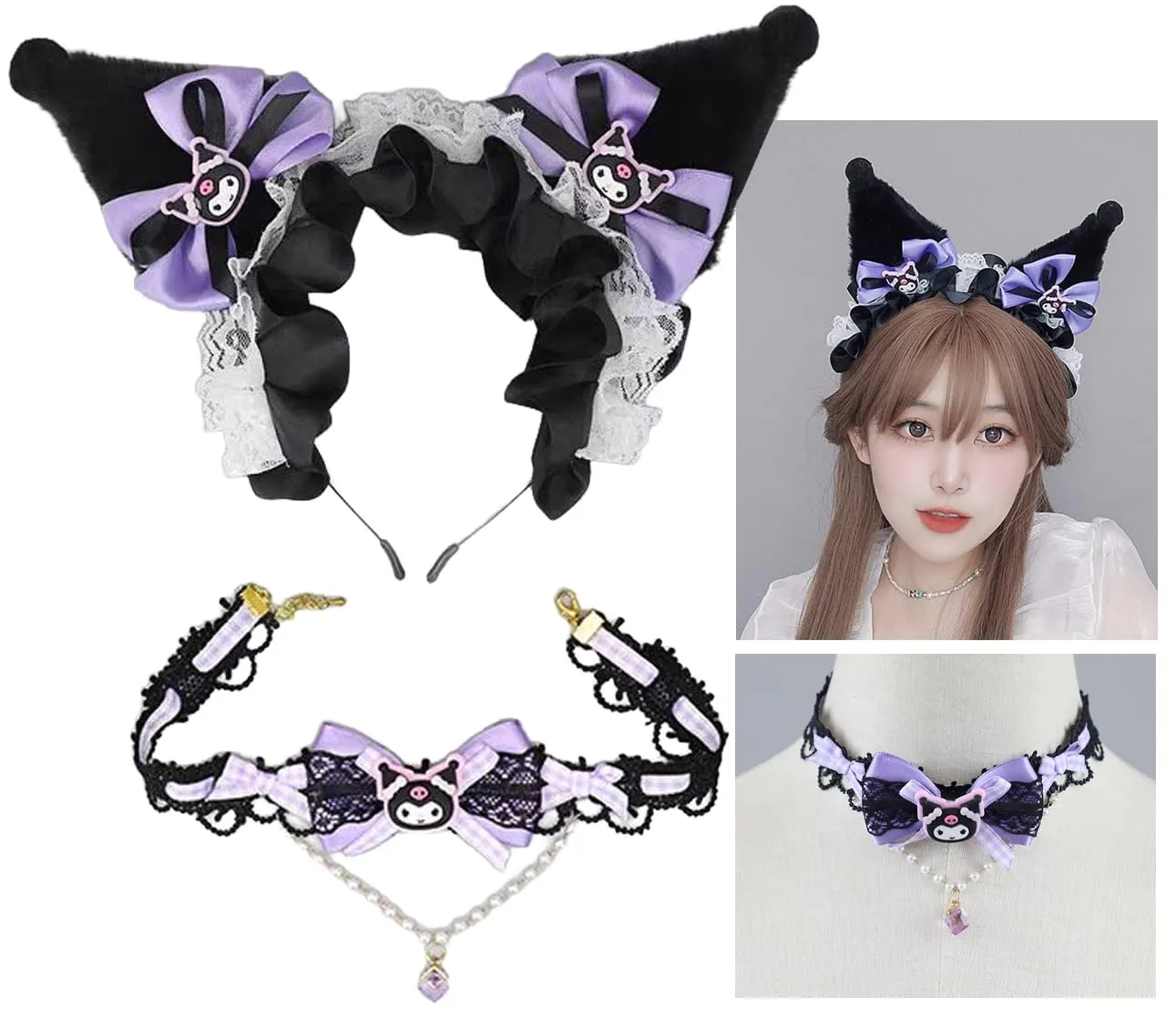 Cat Ears & Lace Necklace, Headband With Bows & Lace Ribbons, Lolita Jk Cosplay Accessories for Cartoon Costume Party, for Women & Girls, (Soft Faux Fur Plush Fox Ears), KLMZH
