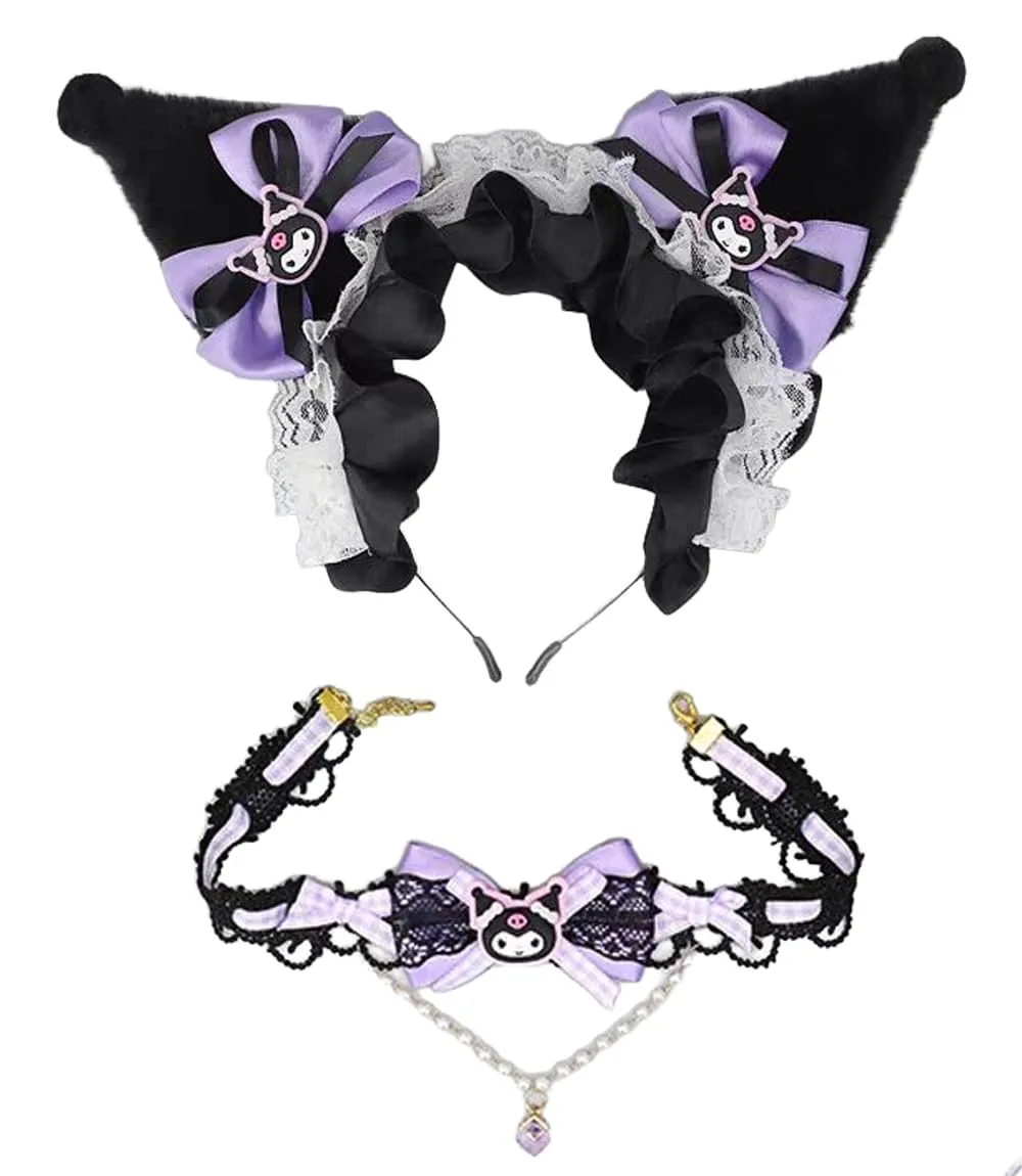 Cat Ears & Lace Necklace, Headband With Bows & Lace Ribbons, Lolita Jk Cosplay Accessories for Cartoon Costume Party, for Women & Girls, (Soft Faux Fur Plush Fox Ears), KLMZH