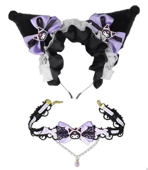 Cat Ears & Lace Necklace, Headband With Bows & Lace Ribbons, Lolita Jk Cosplay Accessories for Cartoon Costume Party, for Women & Girls, (Soft Faux Fur Plush Fox Ears), KLMZH