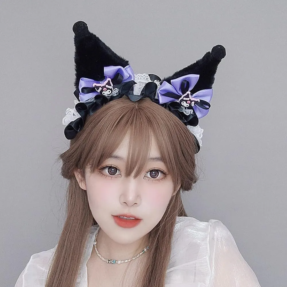 Cat Ears & Lace Necklace, Headband With Bows & Lace Ribbons, Lolita Jk Cosplay Accessories for Cartoon Costume Party, for Women & Girls, (Soft Faux Fur Plush Fox Ears), KLMZH