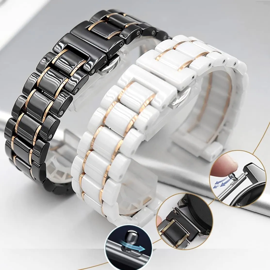 Ceramic Watch Band Universal strap with Quick Release Pins Butterfly Buckle Deployment Clasp Bracelet 14mm 16mm 18mm 20mm 22mm White Black