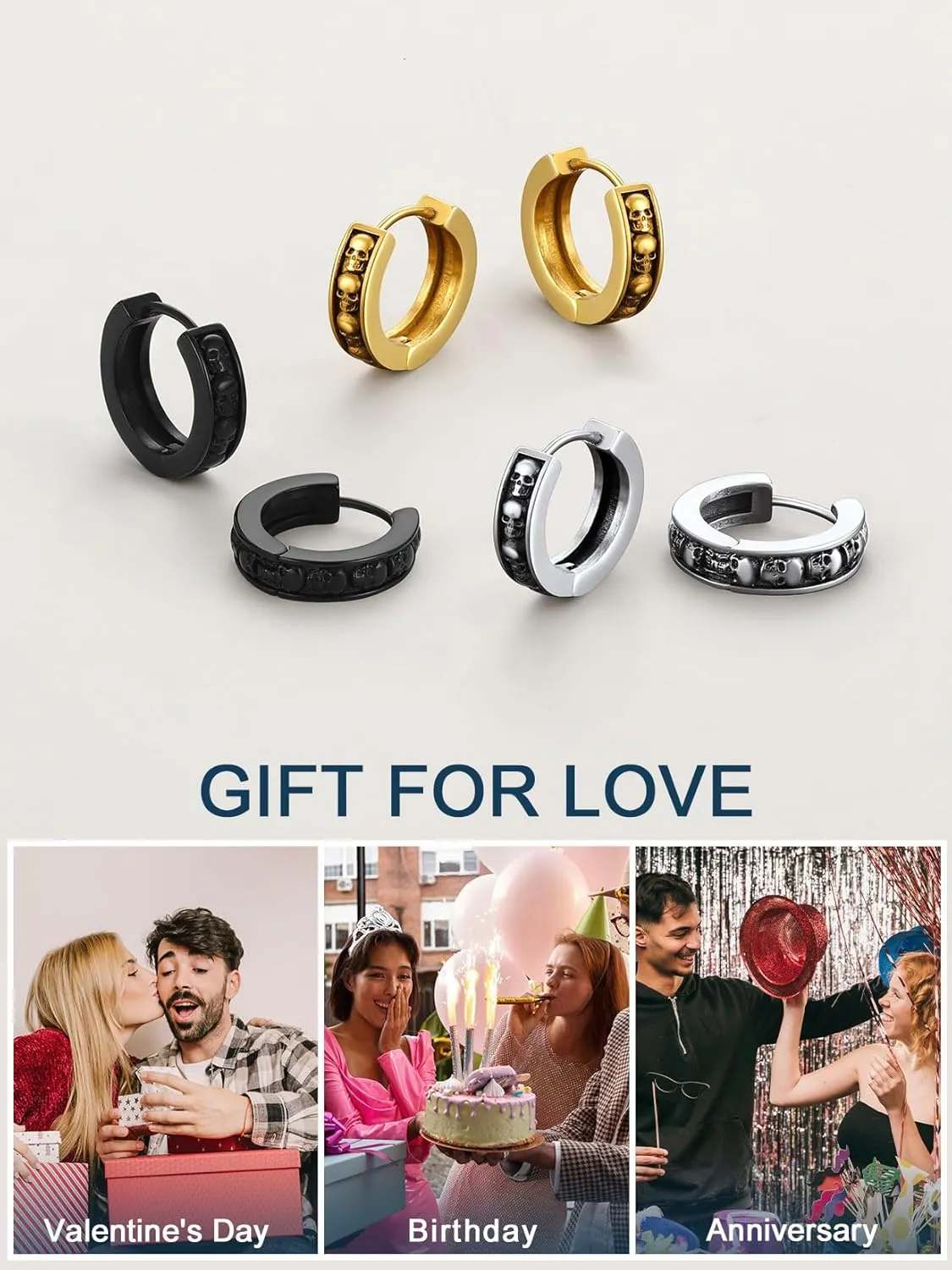 ChainsProMax Hoop Earrings for Men, Chain/Norse Viking/Skull Men's Earrings Cuban Link Hypoallergenic Vintage Huggie Mens Earrings Hoops, Stainless Steel/Gold Plated/Black-with Gift Box
