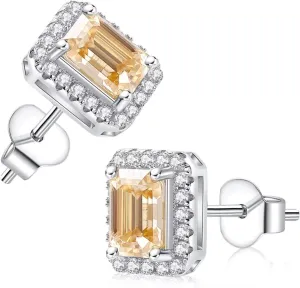 Champagne Moissanite Stud Earrings for Women, 925 Sterling Silver with 18K White Gold Plated, 1CT*2 Emerald Cut Halo Moissanite Flat Back Earrings for Women Jewelry Gifts