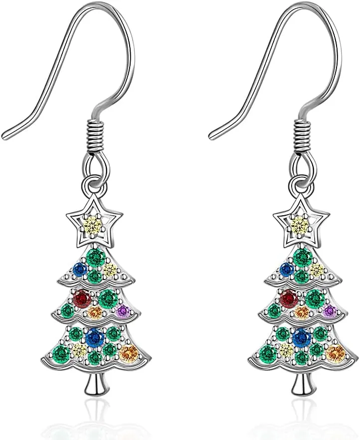Christmas Tree Earrings, Christmas Bow Earrings, Santa Earrings for Women Colorful Dangle Drop Holiday Hook Star Sterling Silver White Gold
