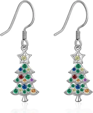 Christmas Tree Earrings, Christmas Bow Earrings, Santa Earrings for Women Colorful Dangle Drop Holiday Hook Star Sterling Silver White Gold