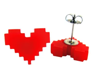 Chunky Big Red Pixel Heart Stud Earrings with Hypoallergenic Nickel Free Titanium Posts, Retro Video Game Life Bar Gamer Studs Valentines Love Gift Jewelry