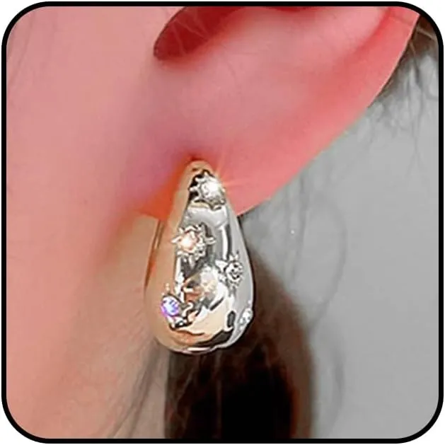 Chunky CZ Star Small Hoop Earrings for Women Dainty Gold Crystal Stars Huggie Earrings Minimalist Oval Hoop Earrings Christmas Jewelry Accessories