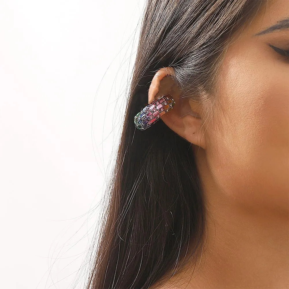 Chunky Gold Clip On Ear Cuff Earrings, Statement Colorful Square Crystal C Earrings, Minimalism Thick Round Hoop Wrap Ear Jewelry Gift for Women