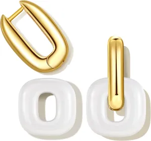 Chunky Gold Earrings for Women Trendy, 14K Gold Plated Enamel Huggie Hoop Earring Convertible Link Jewelry Gifts