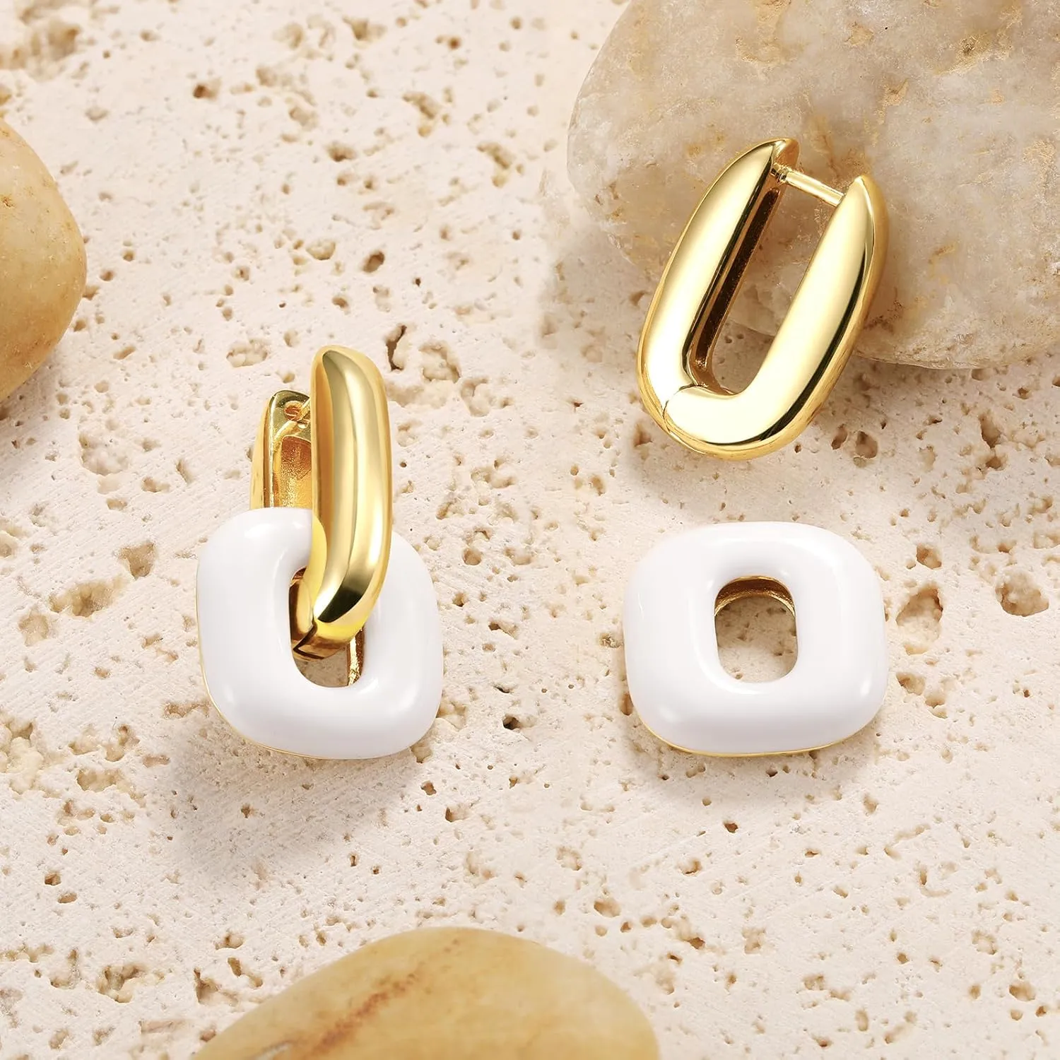 Chunky Gold Earrings for Women Trendy, 14K Gold Plated Enamel Huggie Hoop Earring Convertible Link Jewelry Gifts