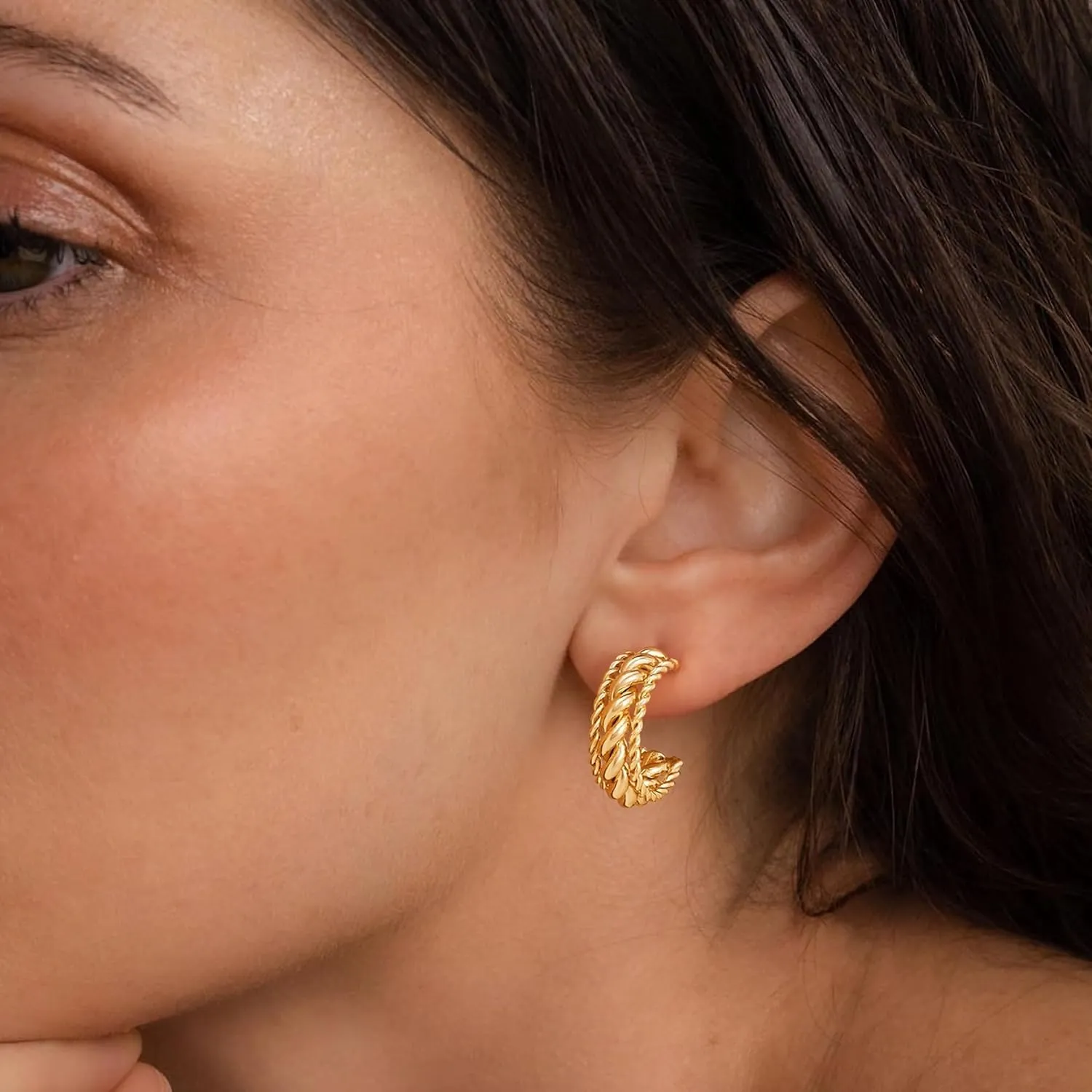 Chunky Open Hoop Earrings for Women 14K Gold Plated Sterling Silver Post Twisted Rope Braided Thick Hoops Earring Hypoallergenic Gold Jewelry Gifts