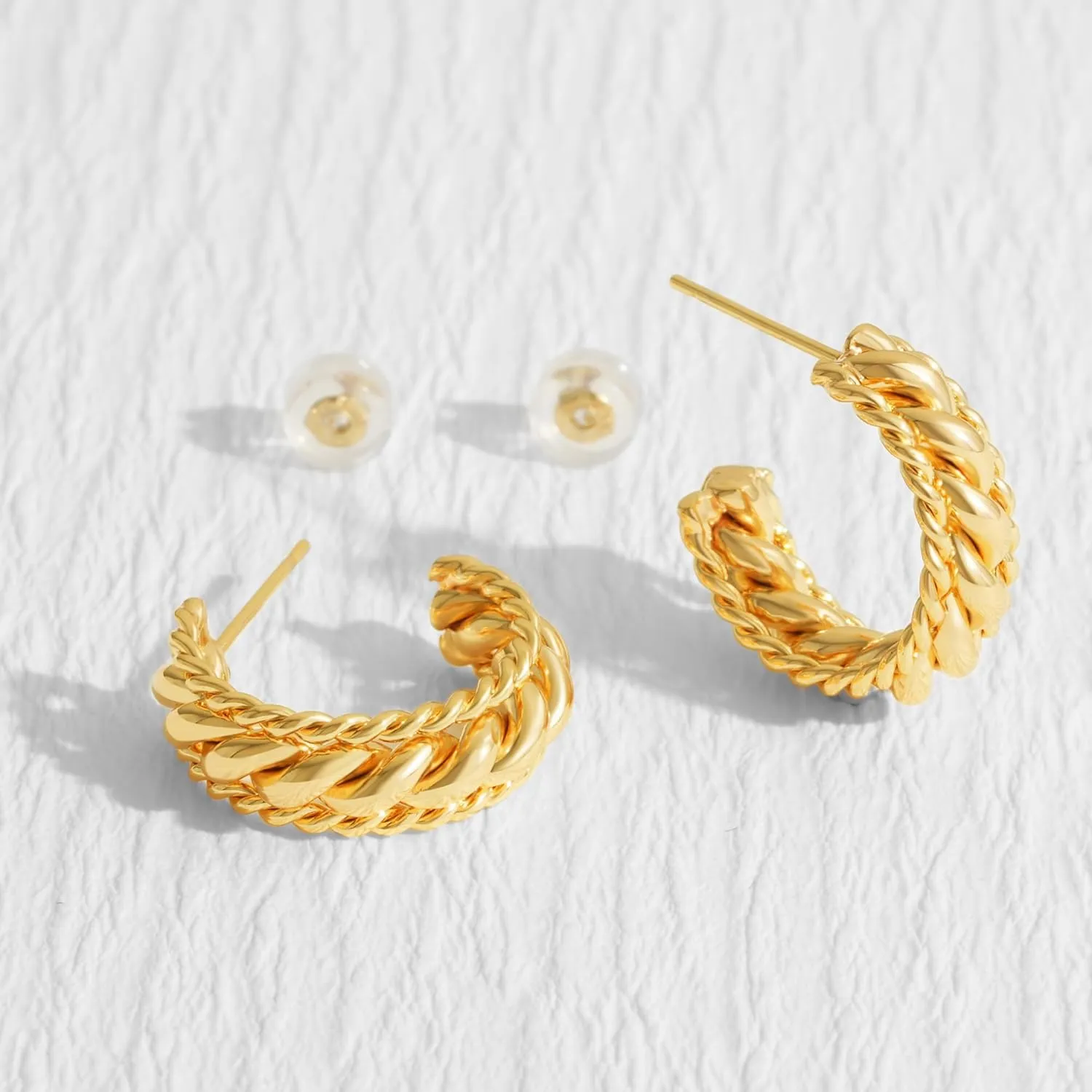Chunky Open Hoop Earrings for Women 14K Gold Plated Sterling Silver Post Twisted Rope Braided Thick Hoops Earring Hypoallergenic Gold Jewelry Gifts