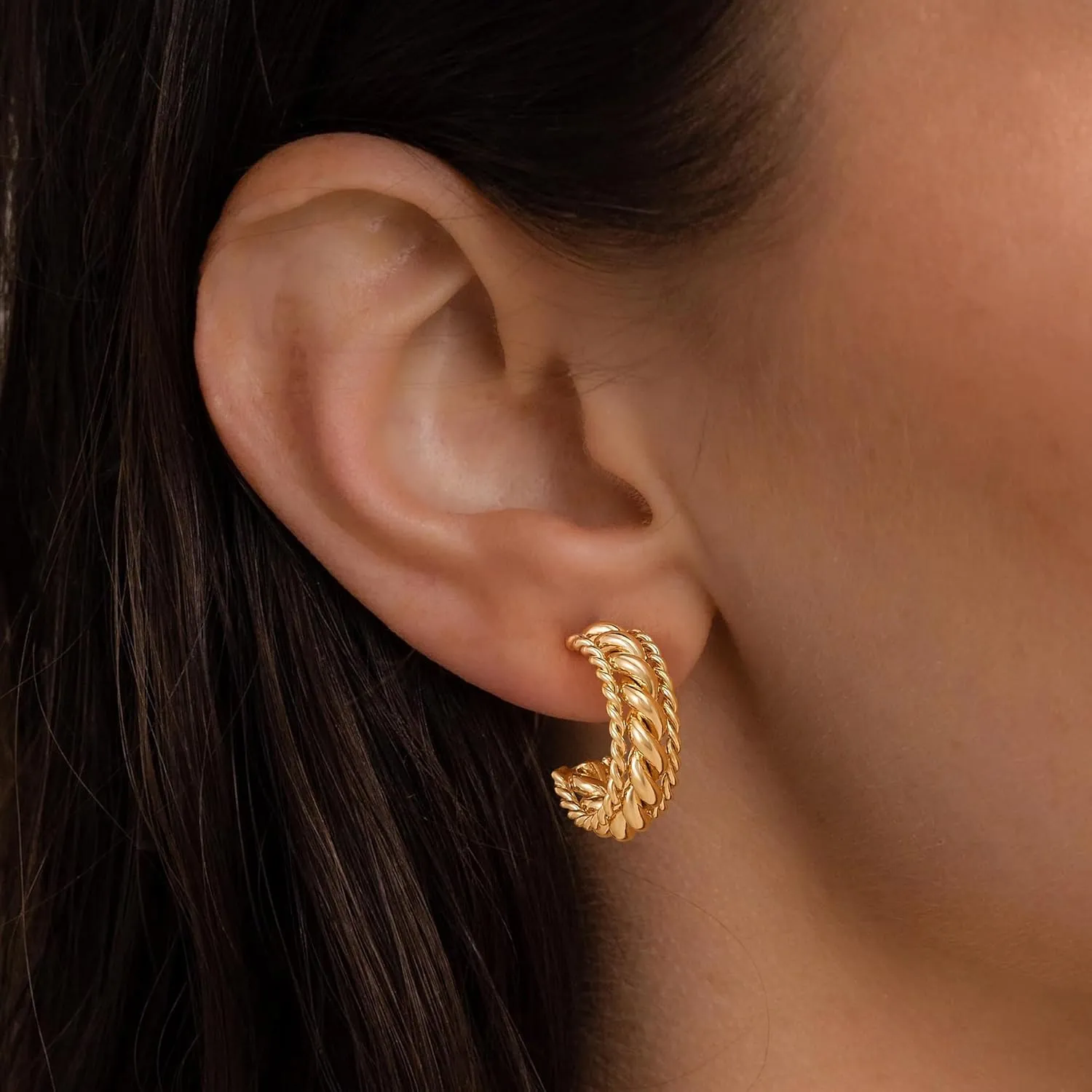 Chunky Open Hoop Earrings for Women 14K Gold Plated Sterling Silver Post Twisted Rope Braided Thick Hoops Earring Hypoallergenic Gold Jewelry Gifts