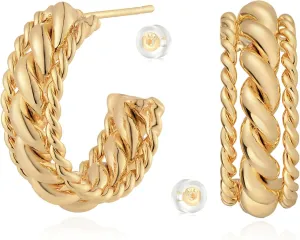 Chunky Open Hoop Earrings for Women 14K Gold Plated Sterling Silver Post Twisted Rope Braided Thick Hoops Earring Hypoallergenic Gold Jewelry Gifts