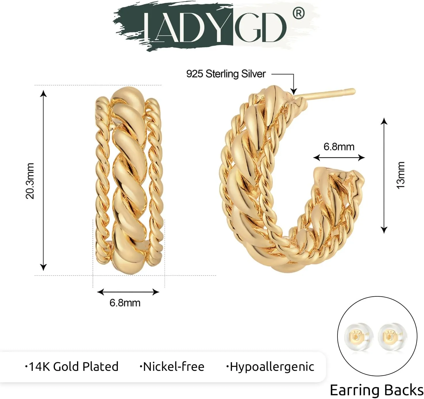 Chunky Open Hoop Earrings for Women 14K Gold Plated Sterling Silver Post Twisted Rope Braided Thick Hoops Earring Hypoallergenic Gold Jewelry Gifts