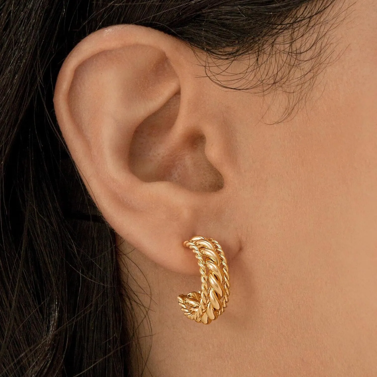 Chunky Open Hoop Earrings for Women 14K Gold Plated Sterling Silver Post Twisted Rope Braided Thick Hoops Earring Hypoallergenic Gold Jewelry Gifts