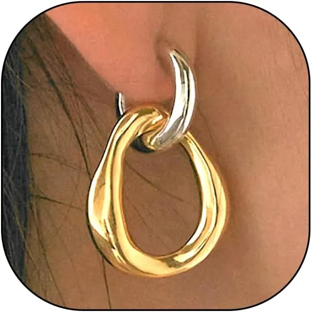 Chunky Two Tone Hoop Earrings for Women Silver 14K Gold Double Hoop Earrings Lightweight Geometric 2-in-1 Huggie Hoop Earrings Minimalist Jewelry Gifts