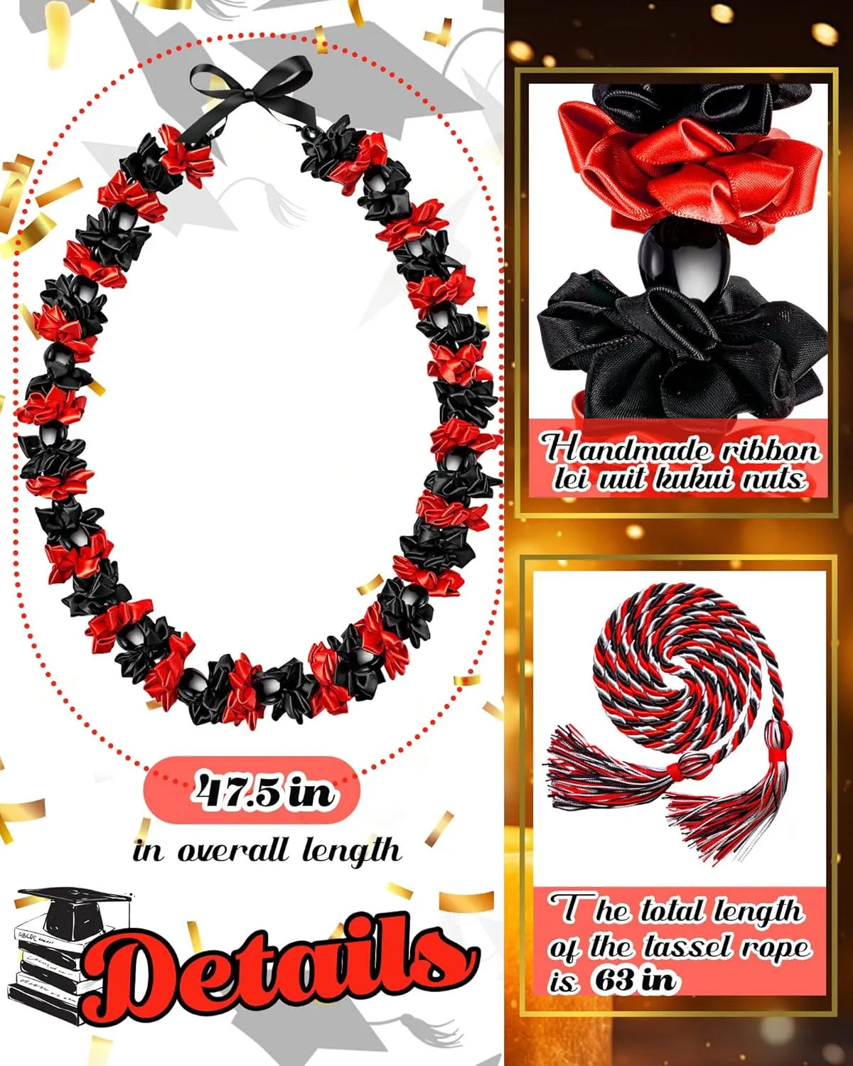 Cindeer Graduation Leis with Kukui Nut Beads and Honor Cord Class of 2025 Graduation Ribbon Leis Hawaiian Kukui Nut Beads Necklace for Student Party Gift Supplies