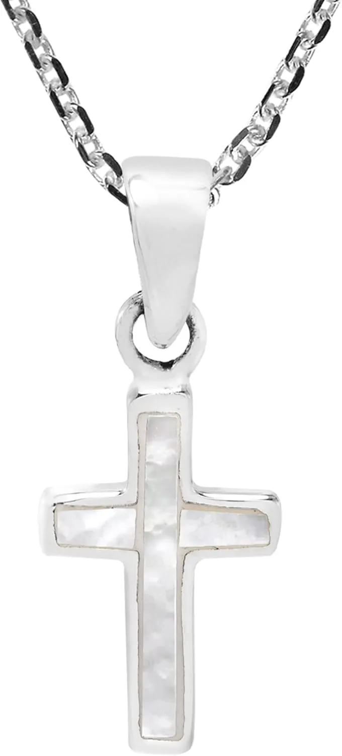 Classic Cross Statement White Mother of Pearl .925 Sterling Silver Pendant Necklace