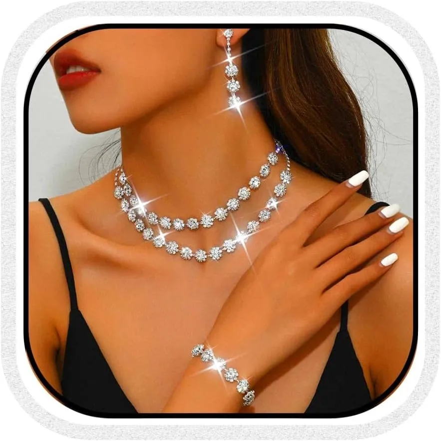 CLOACE Crystal Bridal Wedding Jewelry Set Sparkly Rhinestone Bracelet Earrings Prom Jewelry Accessories for Women