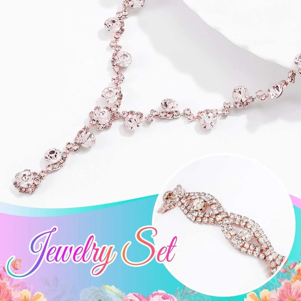 CLOACE Rhinestone Necklace Set Silver Sparkly Earrings Bracelet Bridal Prom Wedding Jewelry Sets for Women and Bride