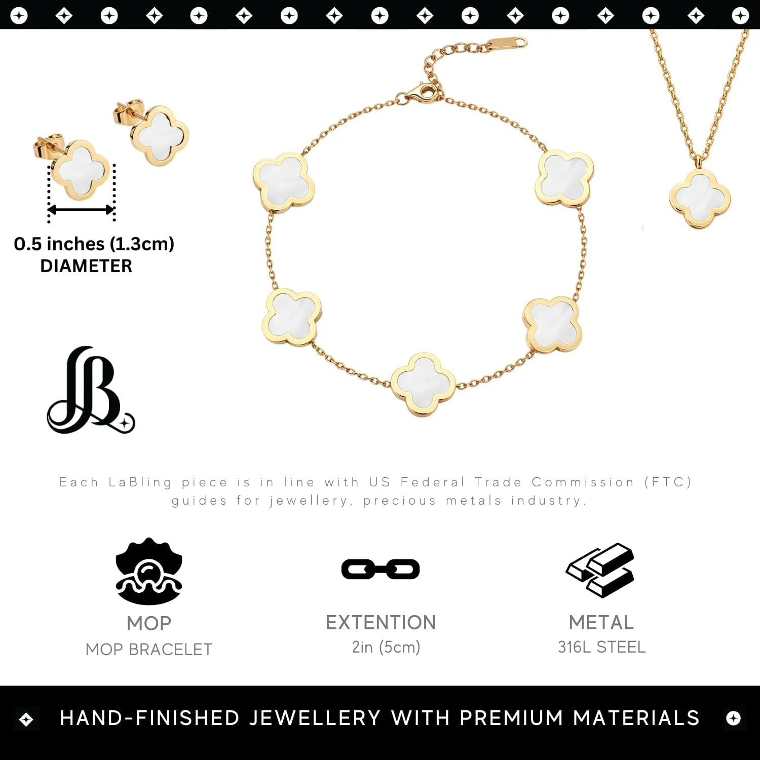 Clover Necklace Pendant Earring Bracelet Set | Designer Necklace Earring Bracelet Jewelry Set | Lovely Gift
