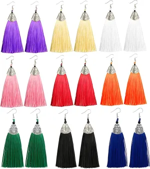Coadipress 9 Pairs Colorful Long Thread Tassel Earrings Set for Women - Statement Handmade Boho Ethnic Silk Fabric Earrings Fashion Jewelry