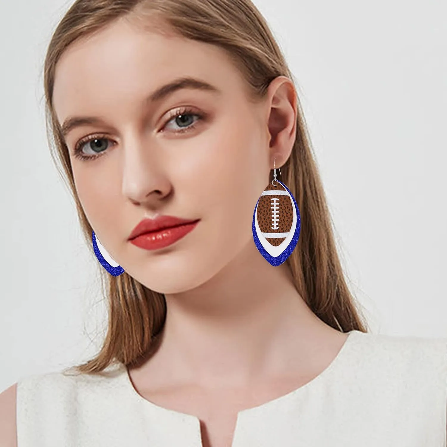 Colorful 3 Layered Rugby Football Dangle Earrings Glitter Faux Leather PU Football Sports Lover Teardrop Earrings for Women Jewelry