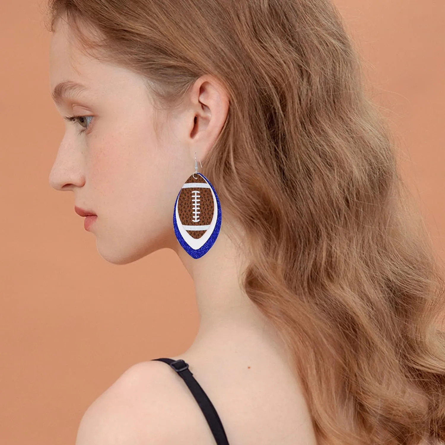 Colorful 3 Layered Rugby Football Dangle Earrings Glitter Faux Leather PU Football Sports Lover Teardrop Earrings for Women Jewelry