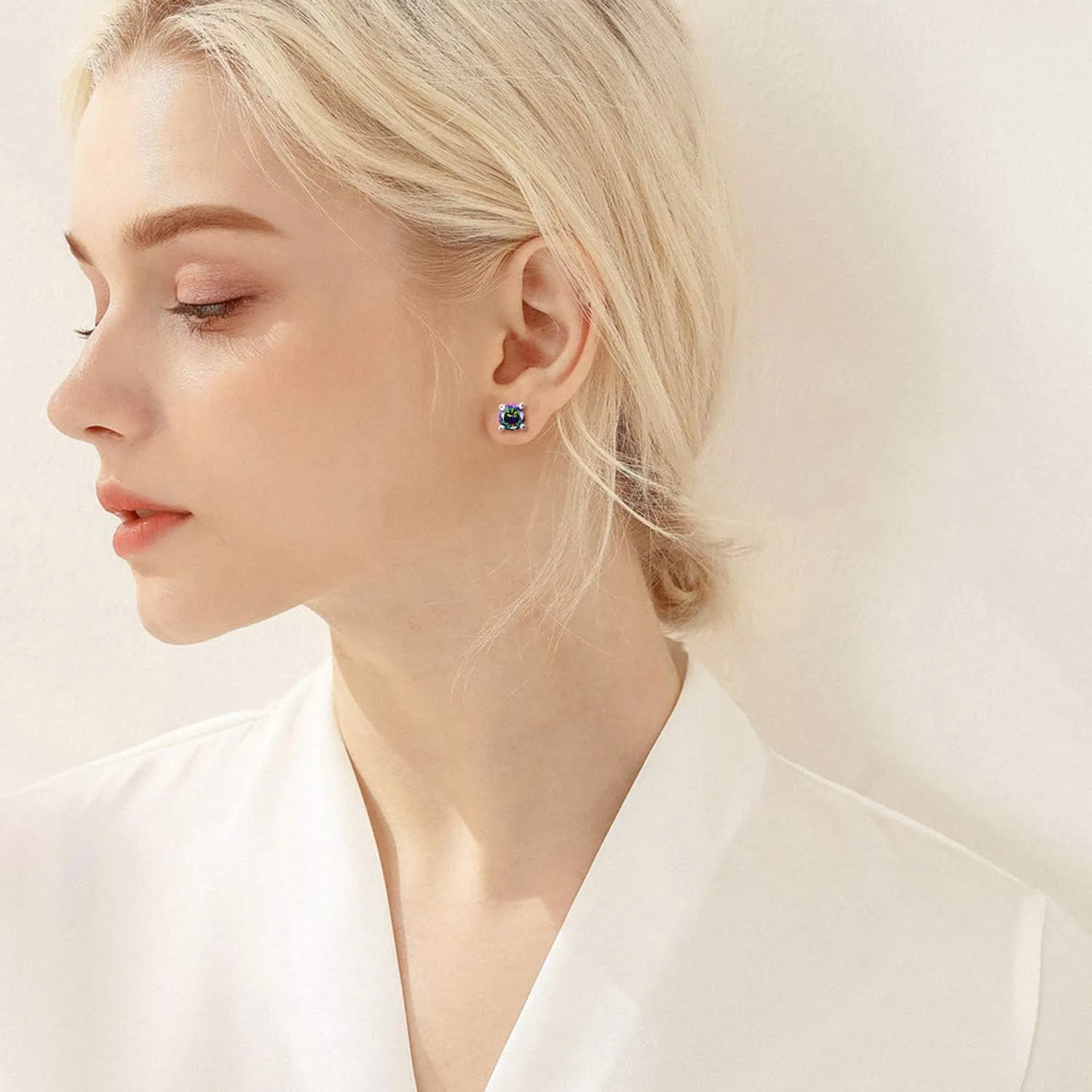 Colorful Cubic Zirconia Stud Earrings - Sterling Silver Hypoallergenic Round Square CZ Studs Earrings for Women, 7MM