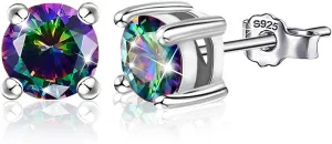 Colorful Cubic Zirconia Stud Earrings - Sterling Silver Hypoallergenic Round Square CZ Studs Earrings for Women, 7MM