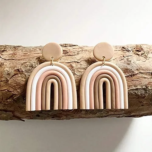 Colorful Rainbow Drop Earrings Stud Earrings Macaron Ceramic Clay U Shape Handmade Lovely Candy Colors Boho for Women Girls Bohemian Jewelry(8 Colors)