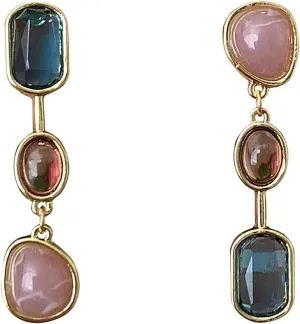 Colorful Three Layered Crystal Tassel Earrings, Boho Asymmetry Gemstone Long Dangle Earrings, Vintage French Drop Jewelry Gifts for Women