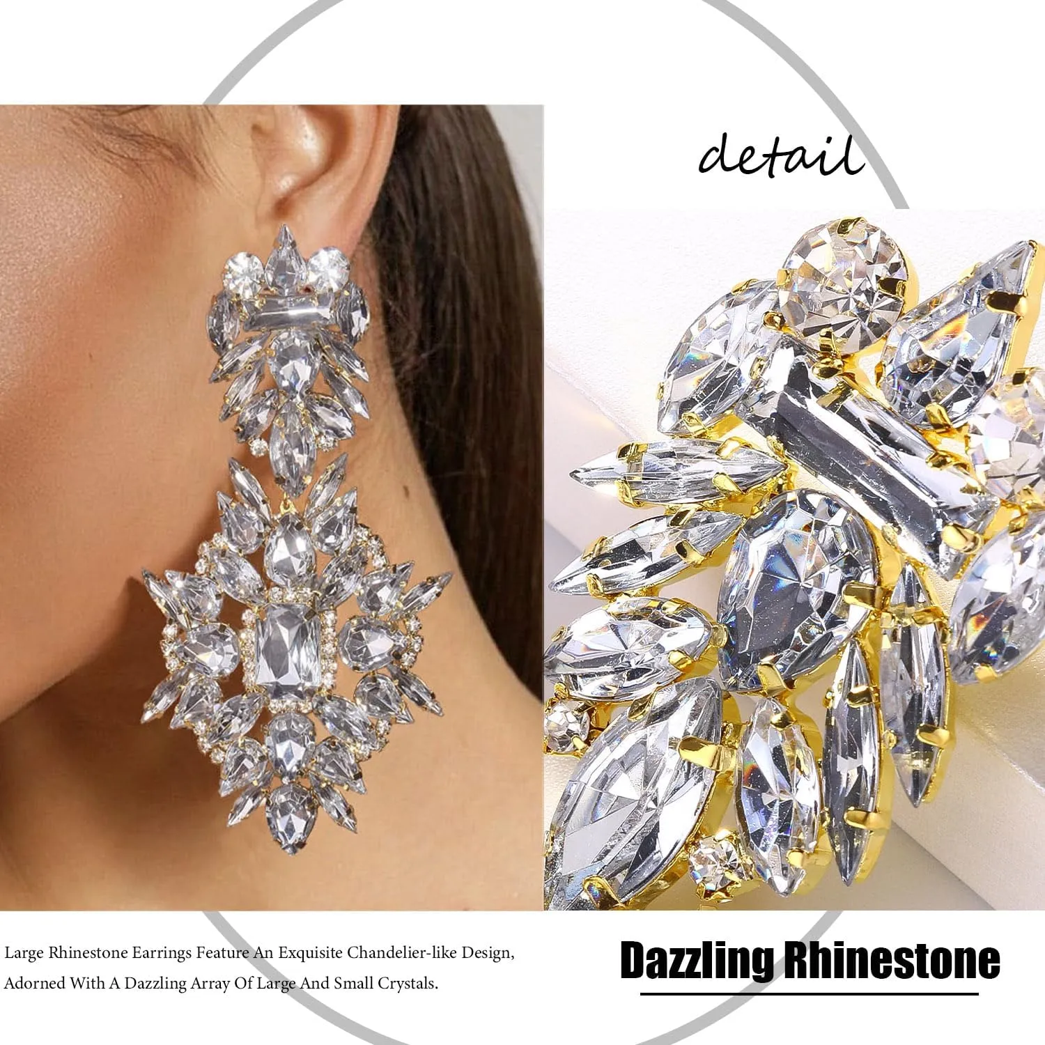 Costume Silver Large Rhinestone Earrings Dangling Trendy Bling Oversized Statement Earrings For Women Formal
