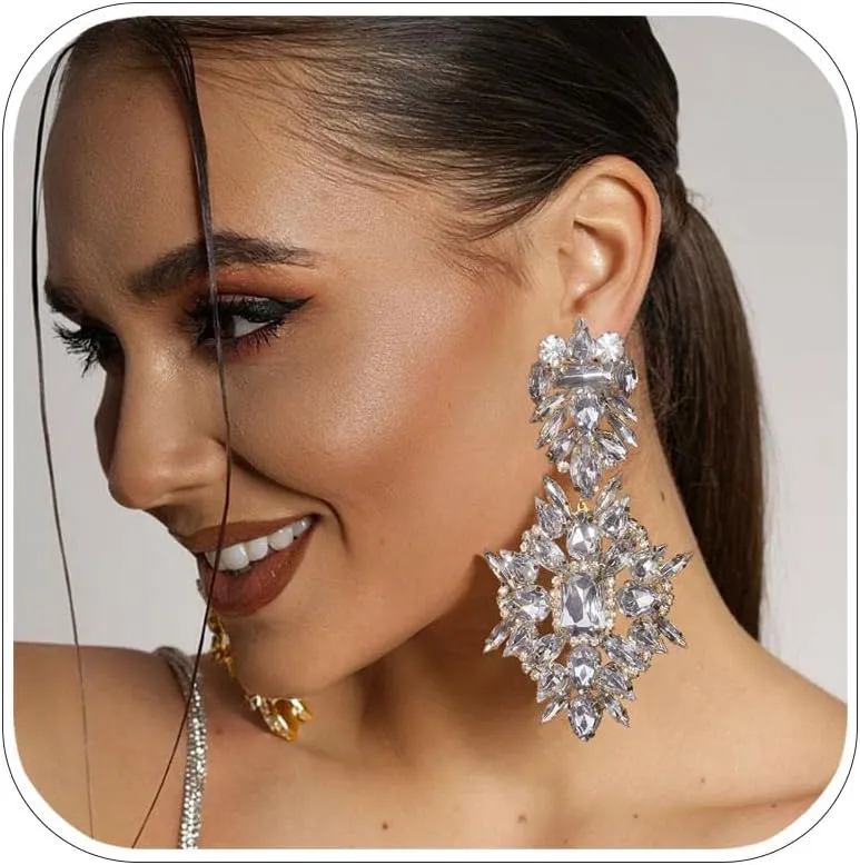 Costume Silver Large Rhinestone Earrings Dangling Trendy Bling Oversized Statement Earrings For Women Formal