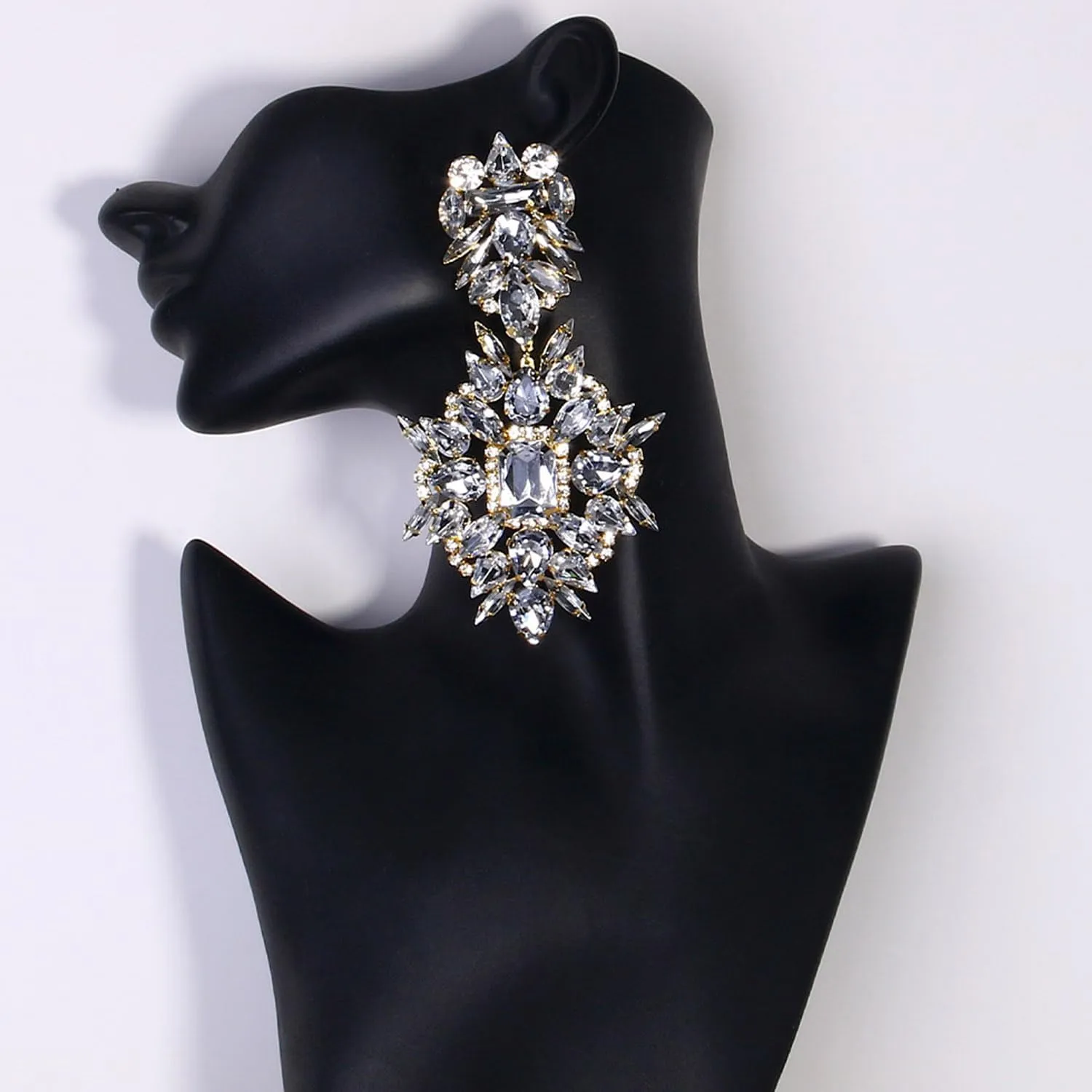 Costume Silver Large Rhinestone Earrings Dangling Trendy Bling Oversized Statement Earrings For Women Formal