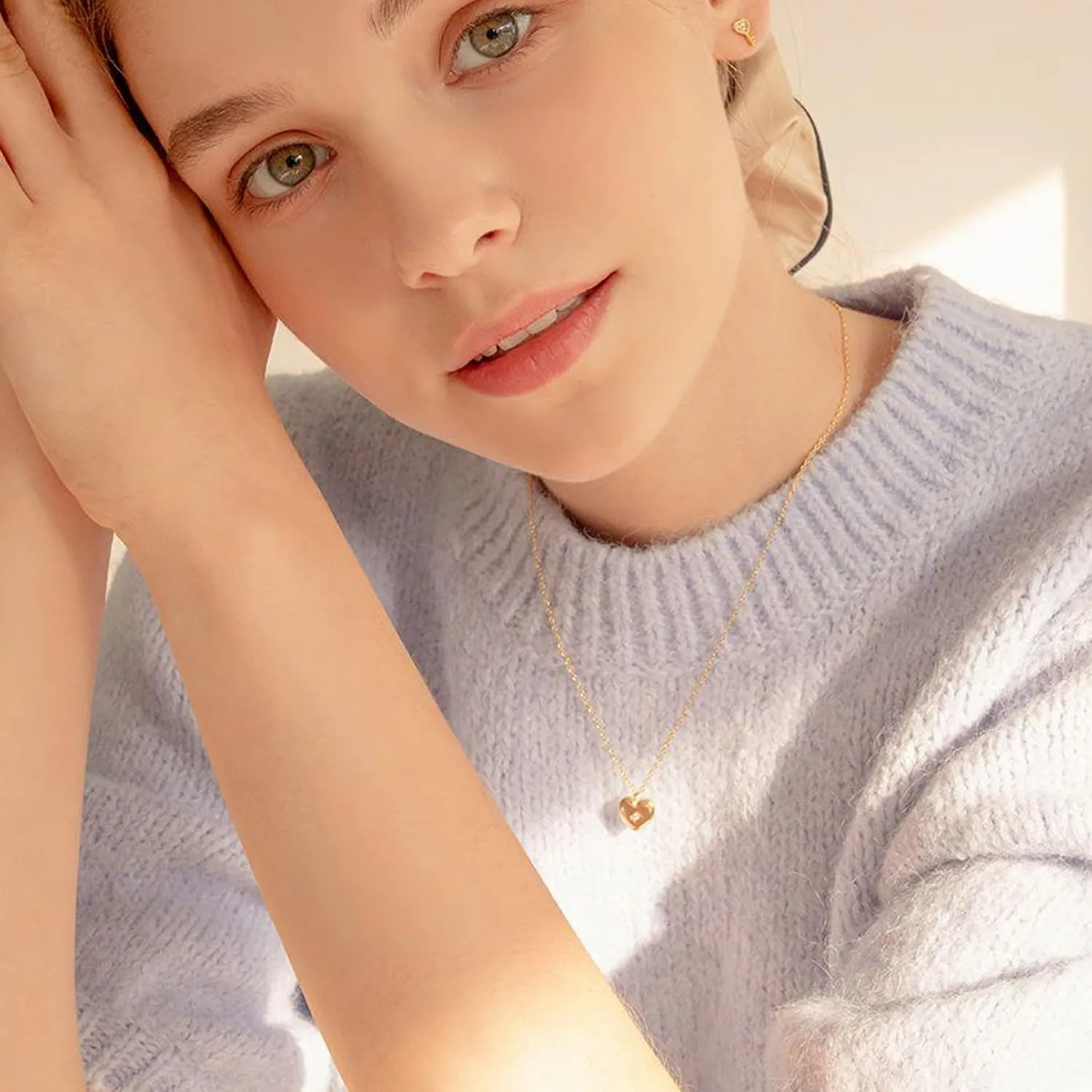 Cowlyn Love Heart Necklaces Pendant Pearl Chain 14K Gold Plated Double Layered Choker June Rose Flower Bar Disc Pendant Mother's day Valentine Women Girls Handmade Mom Jewelry