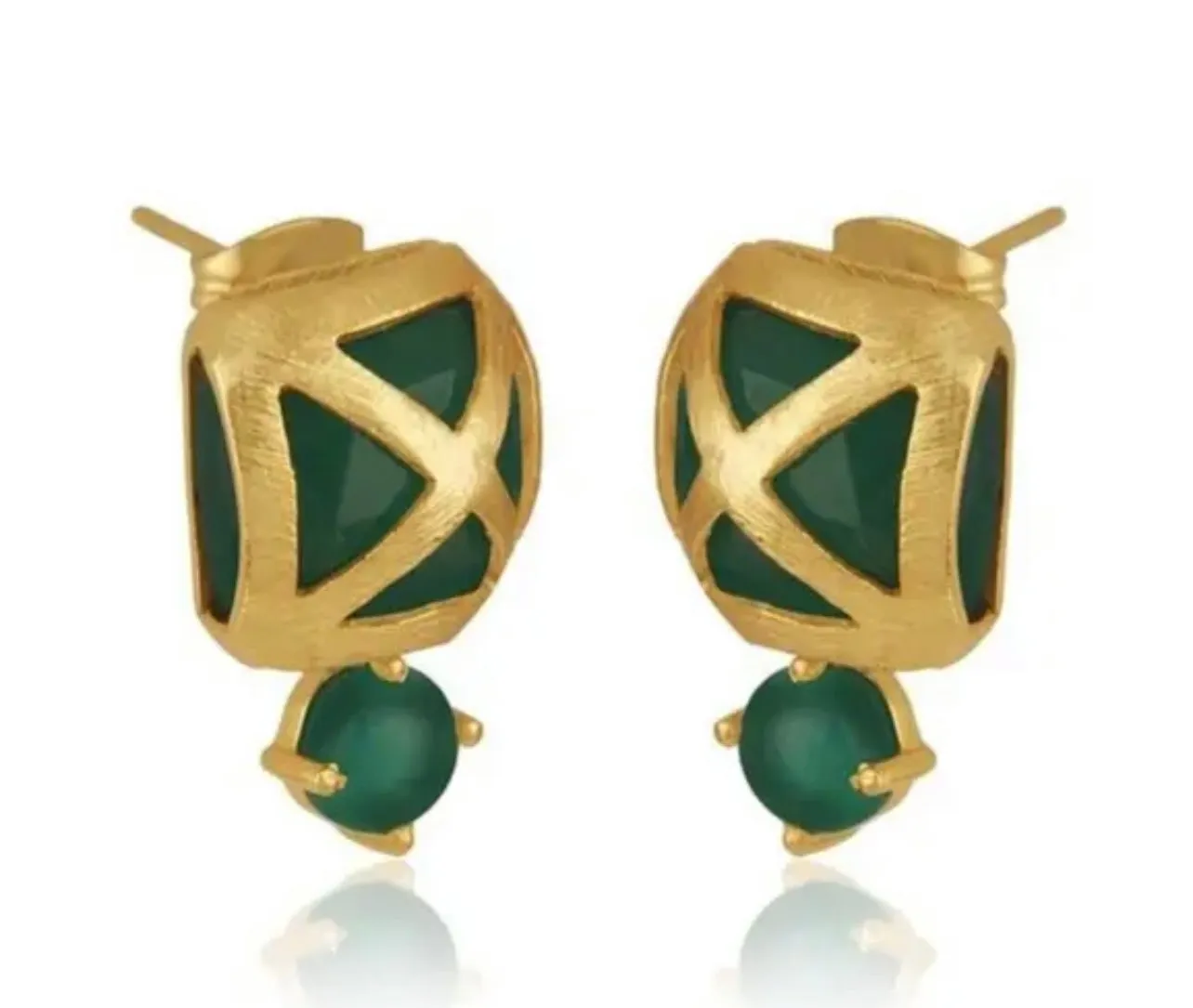 Criss Cross Green Onyx Gemstone Gold Stud Earrings 1”