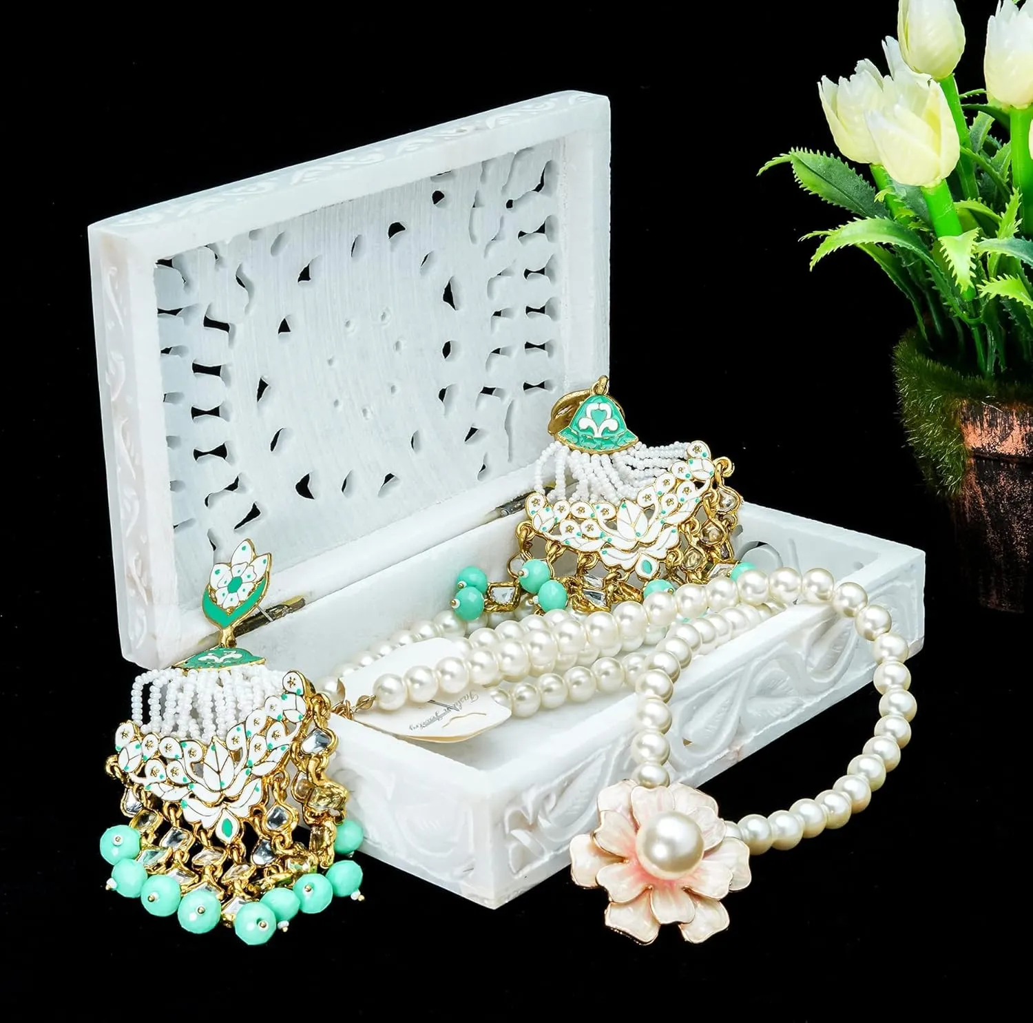 Crocon White Marble Jewelry Box - Earring Holder Organizer - Makeup Organizer - Small Jewelry Box - Trinket Box - Alabaster Marble - Women - Storage Box - Size: 6x4 Inches