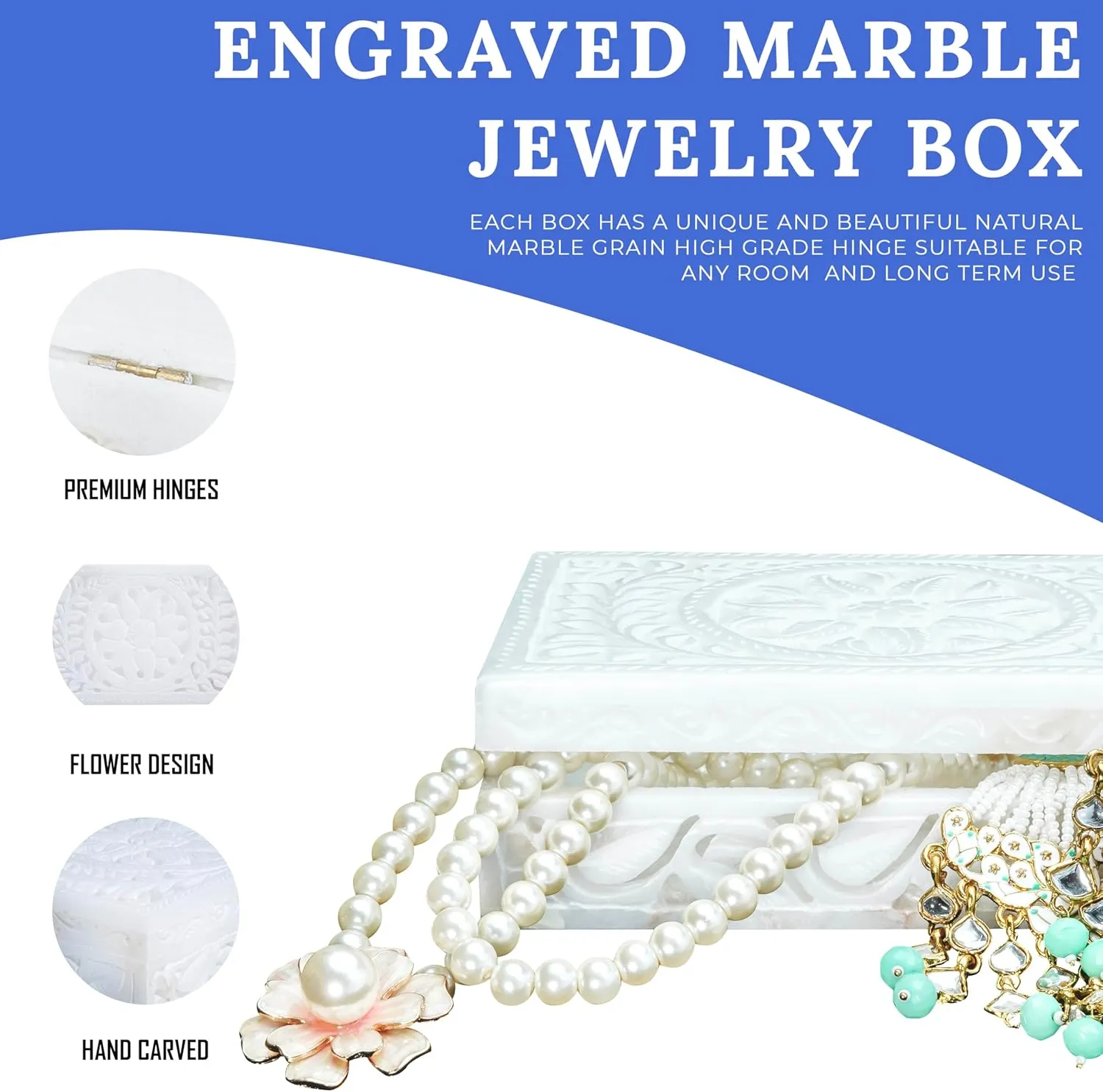 Crocon White Marble Jewelry Box - Earring Holder Organizer - Makeup Organizer - Small Jewelry Box - Trinket Box - Alabaster Marble - Women - Storage Box - Size: 6x4 Inches