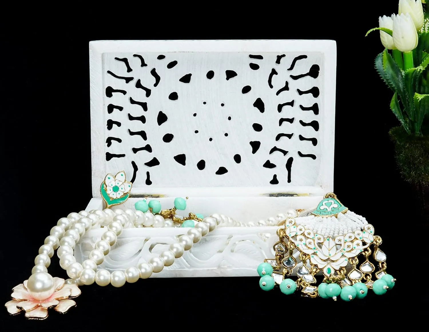 Crocon White Marble Jewelry Box - Earring Holder Organizer - Makeup Organizer - Small Jewelry Box - Trinket Box - Alabaster Marble - Women - Storage Box - Size: 6x4 Inches
