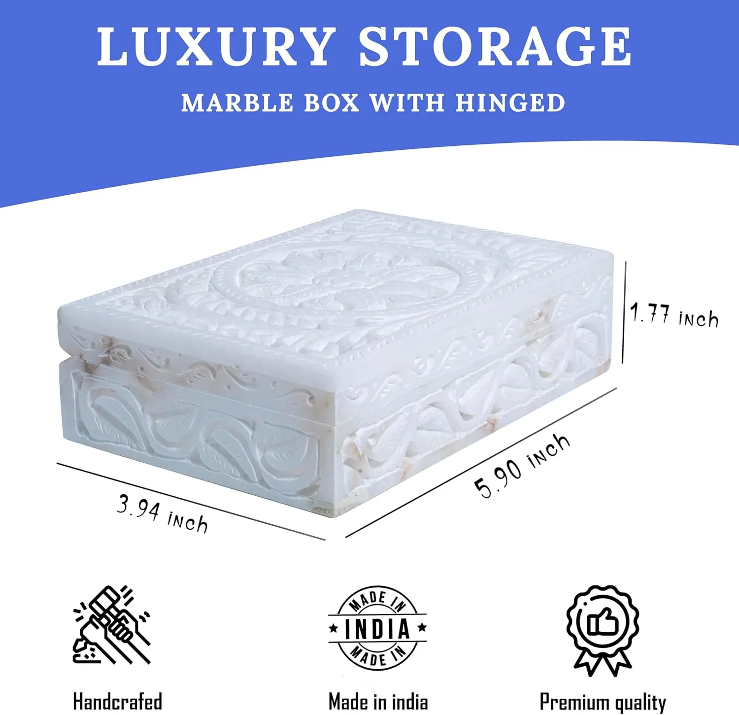 Crocon White Marble Jewelry Box - Earring Holder Organizer - Makeup Organizer - Small Jewelry Box - Trinket Box - Alabaster Marble - Women - Storage Box - Size: 6x4 Inches