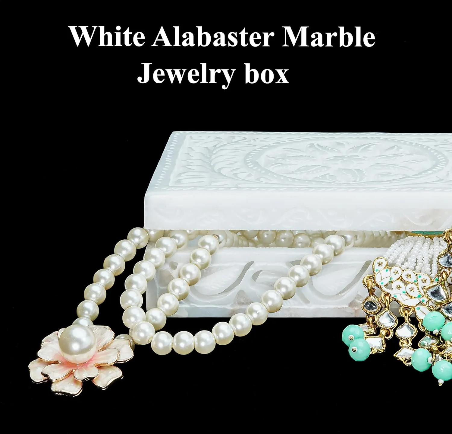 Crocon White Marble Jewelry Box - Earring Holder Organizer - Makeup Organizer - Small Jewelry Box - Trinket Box - Alabaster Marble - Women - Storage Box - Size: 6x4 Inches
