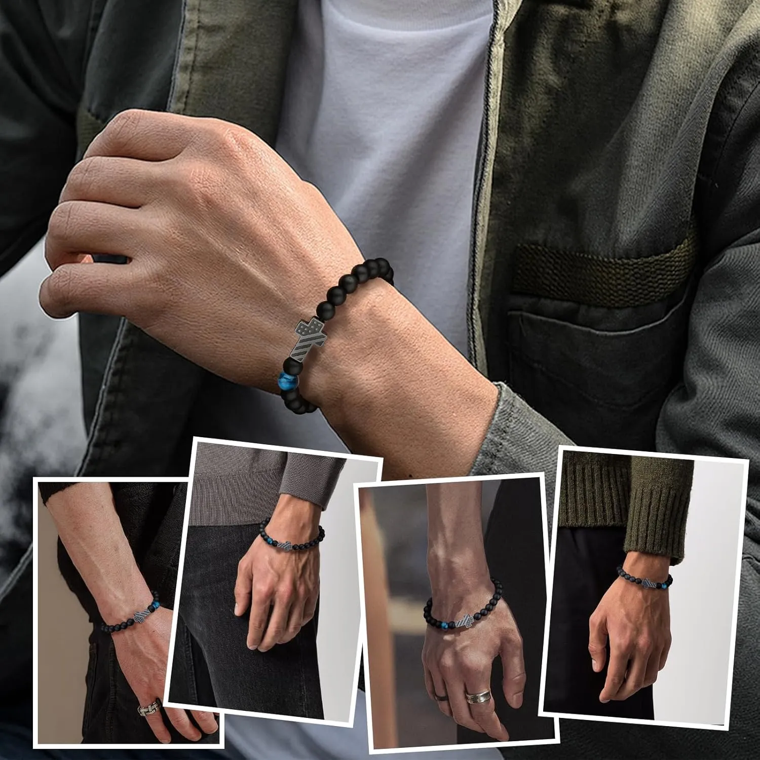 Cross Bracelet for Boys Teens Men Adjustable Blue Tiger Eye Bead Lucky Charm Protection Amulet Religious Christian Bracelet Religious Gifts Patriotic Flag Faith Jewelry