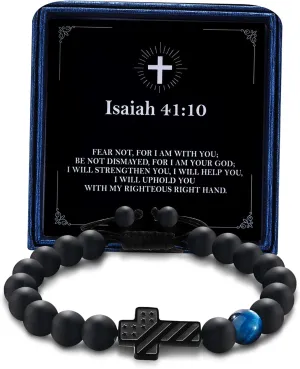 Cross Bracelet for Boys Teens Men Adjustable Blue Tiger Eye Bead Lucky Charm Protection Amulet Religious Christian Bracelet Religious Gifts Patriotic Flag Faith Jewelry