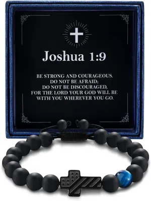 Cross Bracelet for Boys Teens Men Adjustable Blue Tiger Eye Bead Lucky Charm Protection Amulet Religious Christian Bracelet Religious Gifts Patriotic Flag Faith Jewelry