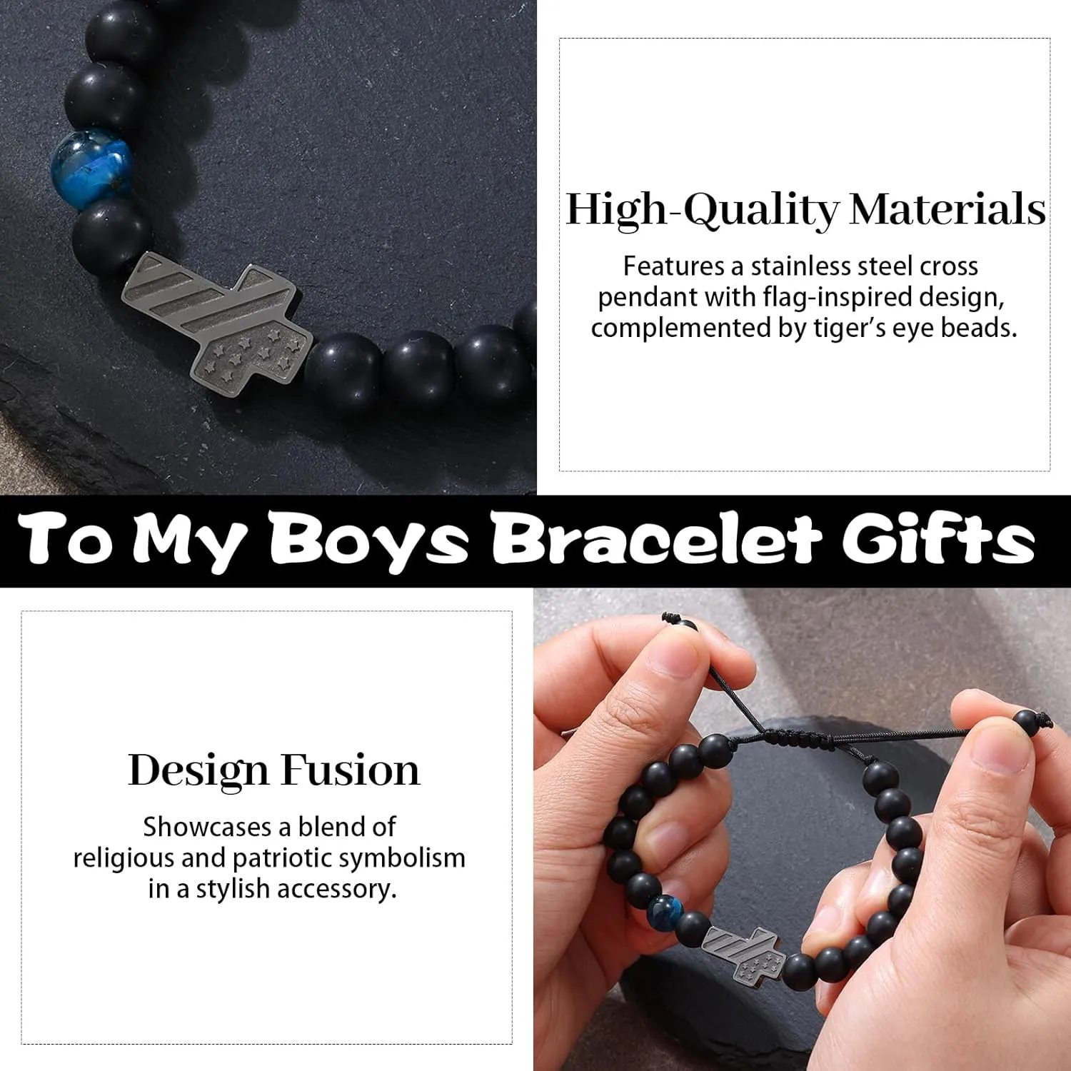 Cross Bracelet for Boys Teens Men Adjustable Blue Tiger Eye Bead Lucky Charm Protection Amulet Religious Christian Bracelet Religious Gifts Patriotic Flag Faith Jewelry